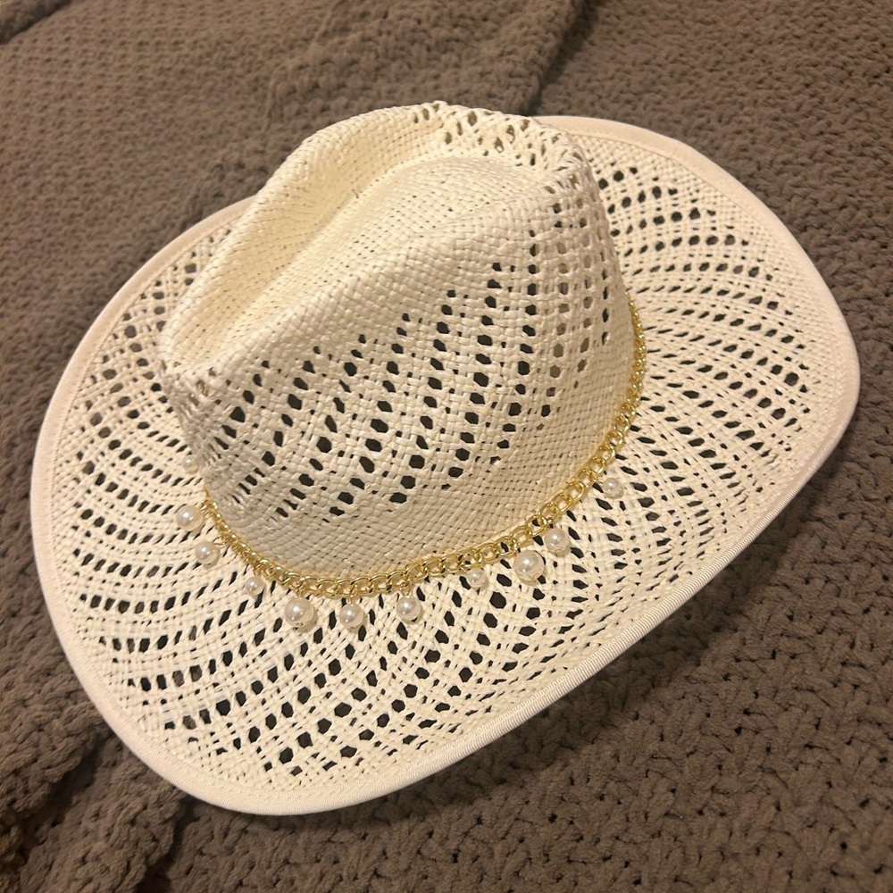 Wyeth x Anthropologie Ivory Straw Cowboy Hat with Gold & Pearl trim